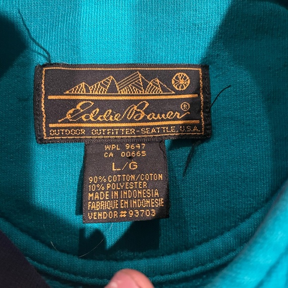 Vintage 90s Eddie Bauer Turquoise Cotton Blend Snap Button Neck Sweatshirt Large - Picture 3 of 7